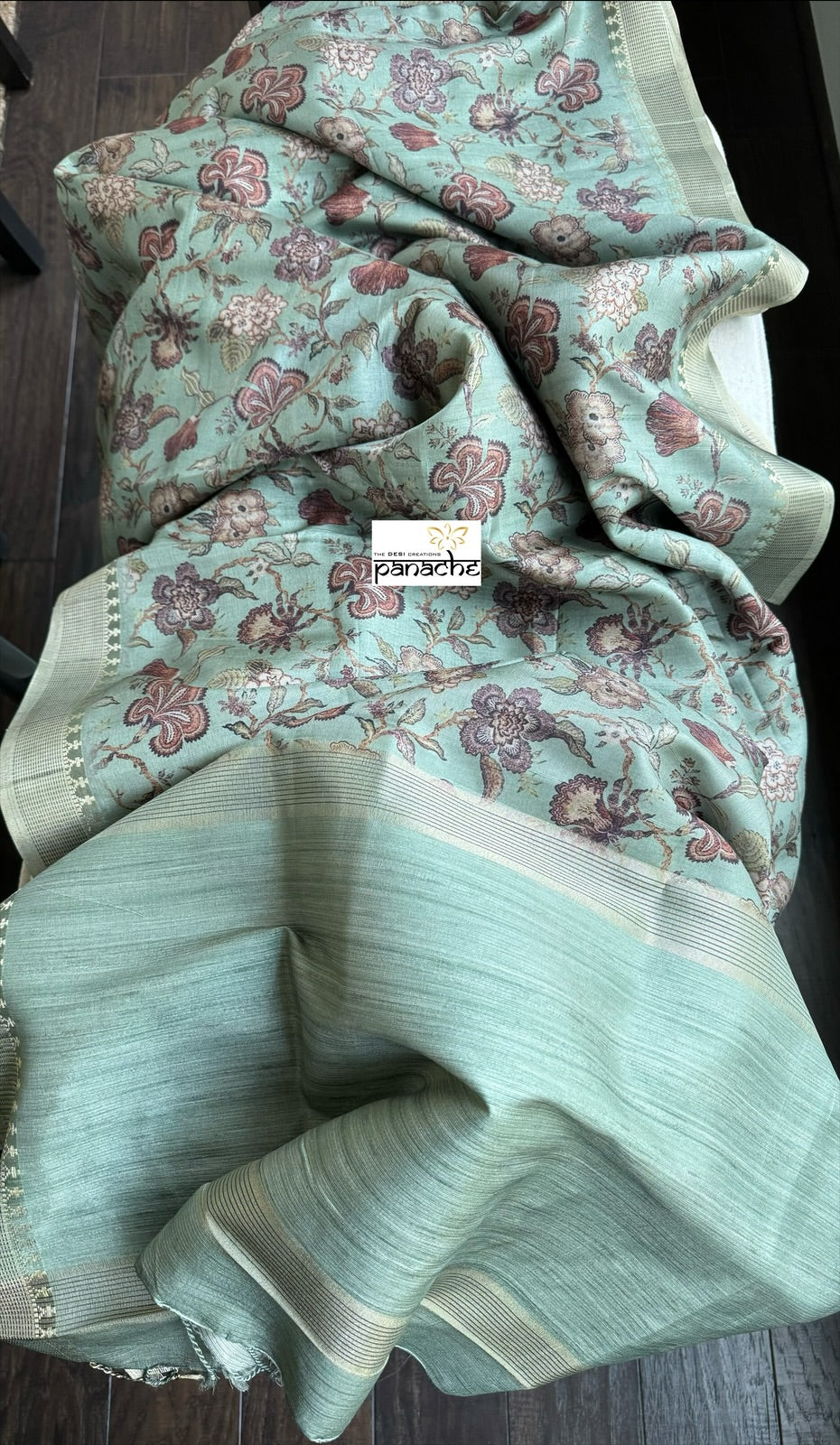 Designer Tussar Floral - Mint Green