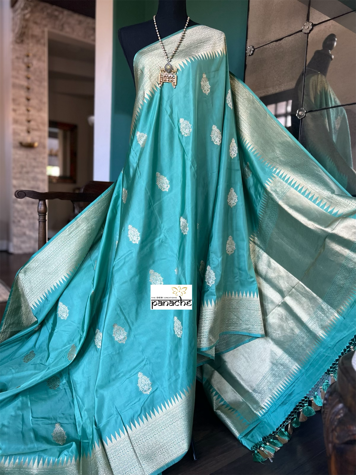 Pure Katan Silk Banarasi - Aqua Sea Green Antique Zari