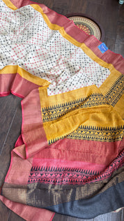 Pure Tussar Silk - Beige Red Black Yellow