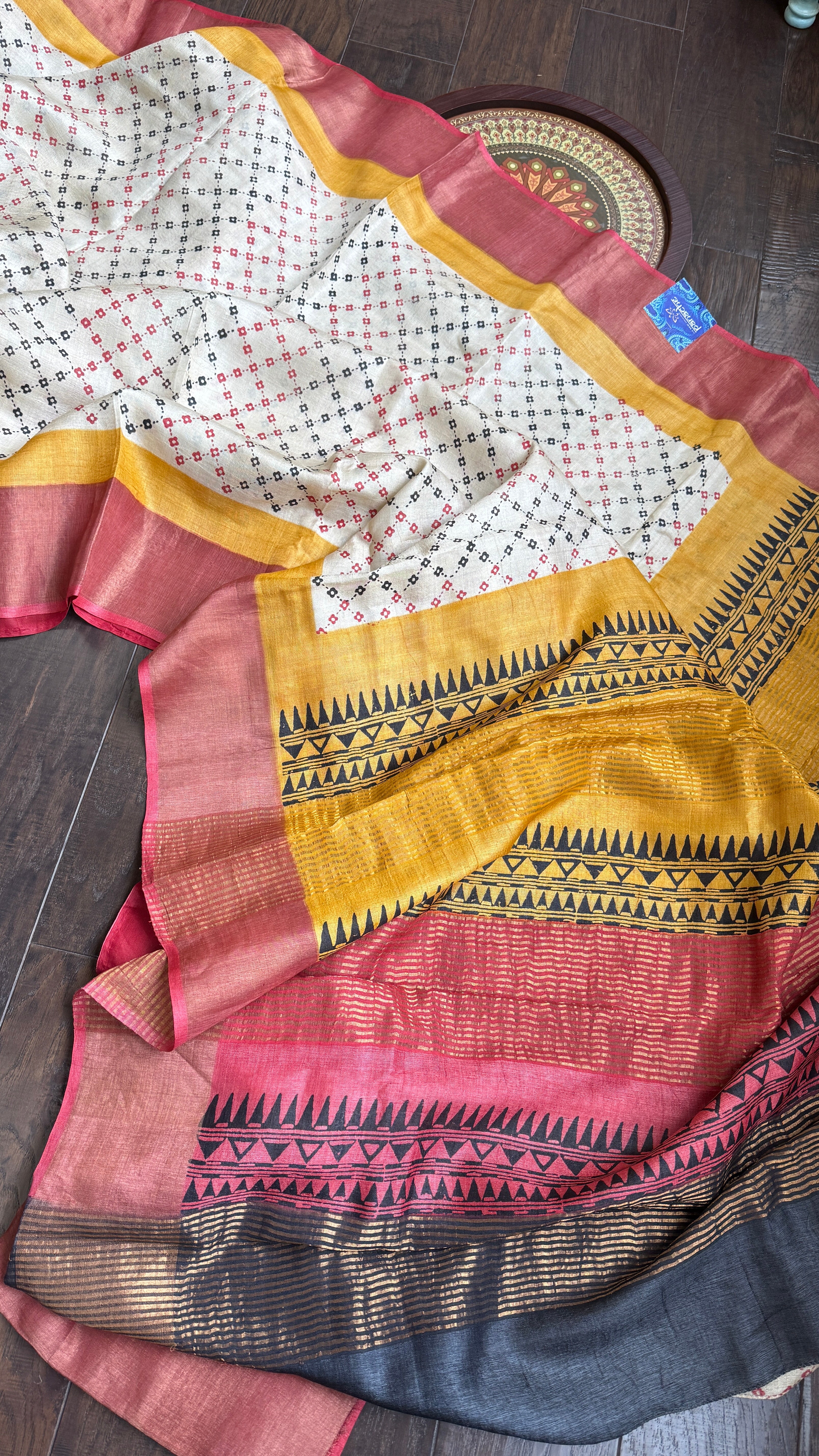 Pure Tussar Silk - Beige Red Black Yellow