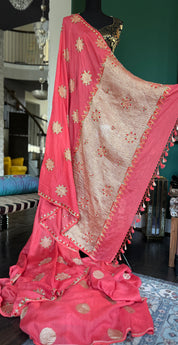 Designer Muga Chiffon Banarasi - Orange Hand Zardozi Embroiderd