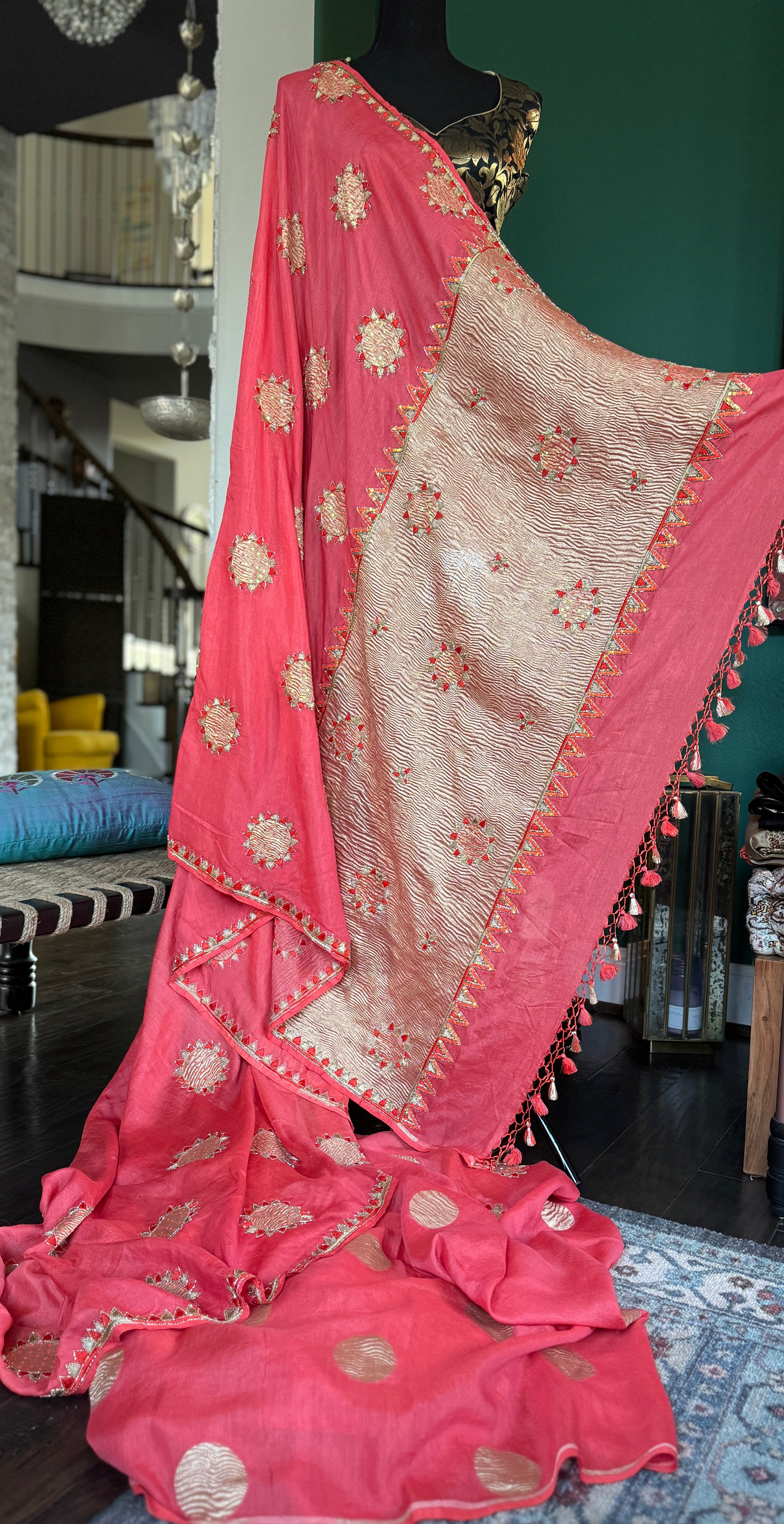 Designer Muga Chiffon Banarasi - Orange Hand Zardozi Embroiderd