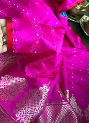 Pure Silk Tanchoi Banarasi - Hot Pink Borderless