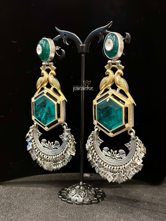Artisan Earring 925 Silver- Green Kundan Dangler