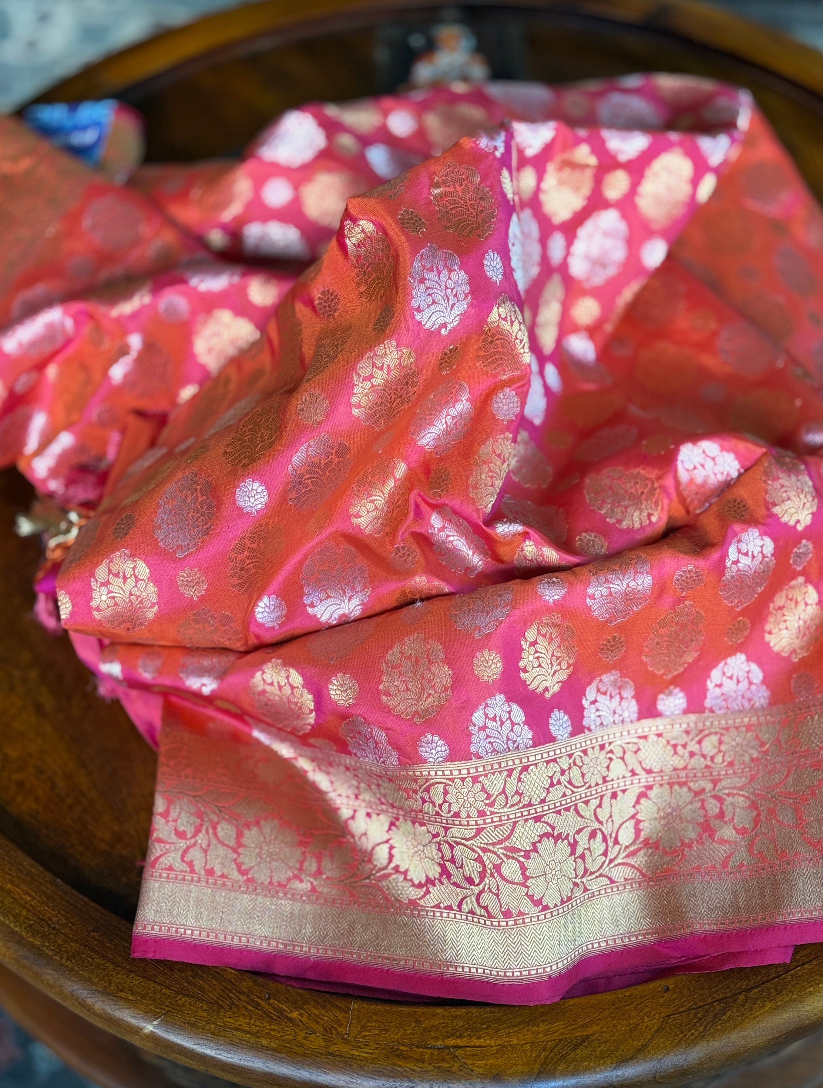 Pure Silk Banarasi - Pink Orange Dual shaded Antique Zari