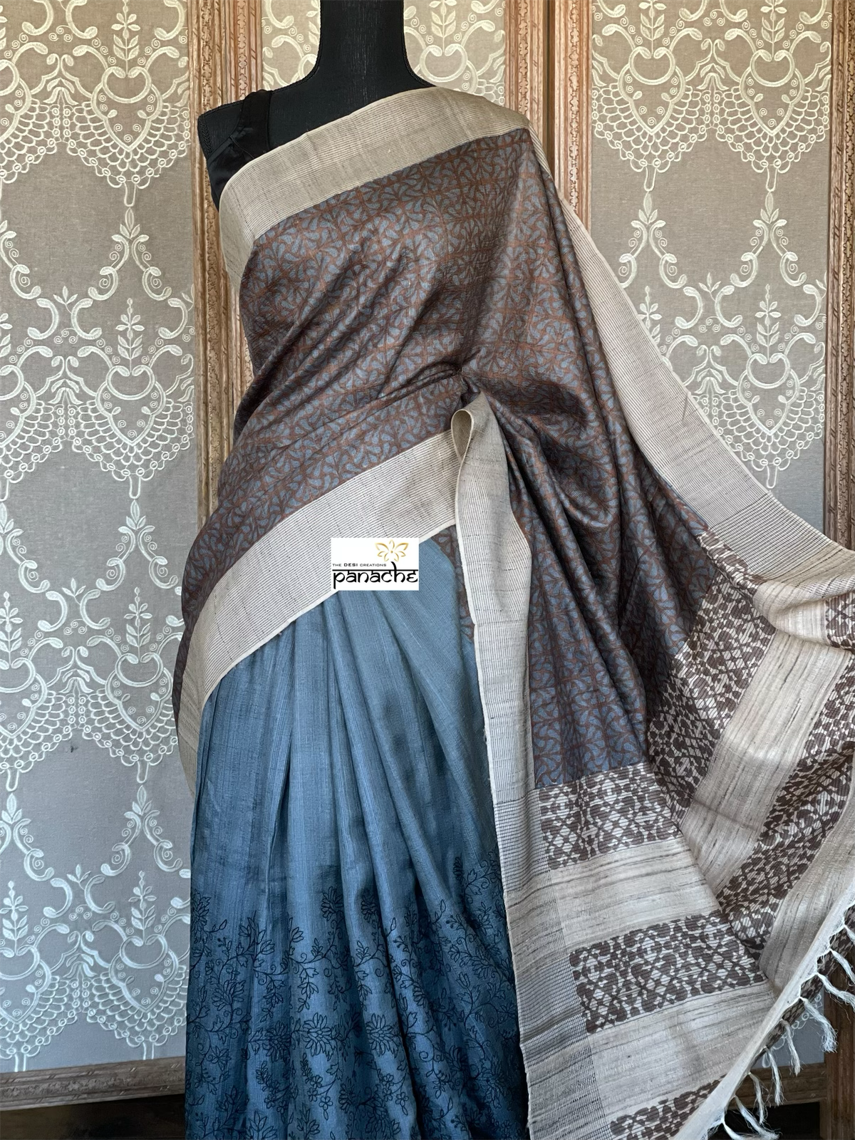 Pure Tussar Silk - Grey Brown embroidered Digital Printed