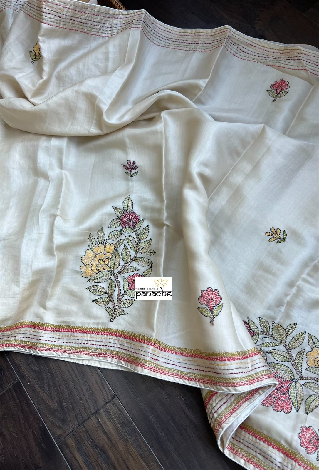 Soft Silk Kantha Stitch - Cream