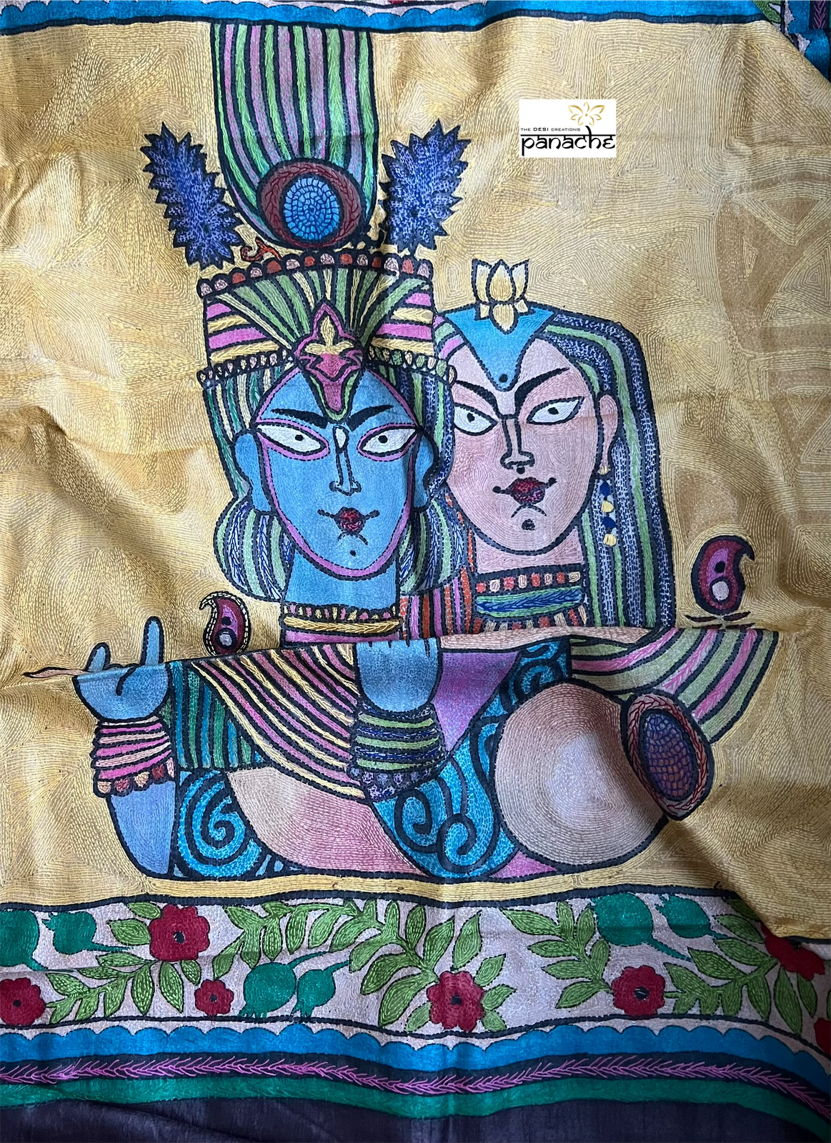 Pure Tussar Silk Sujni Kantha Stitch - Eggplant color Radha-Krishna