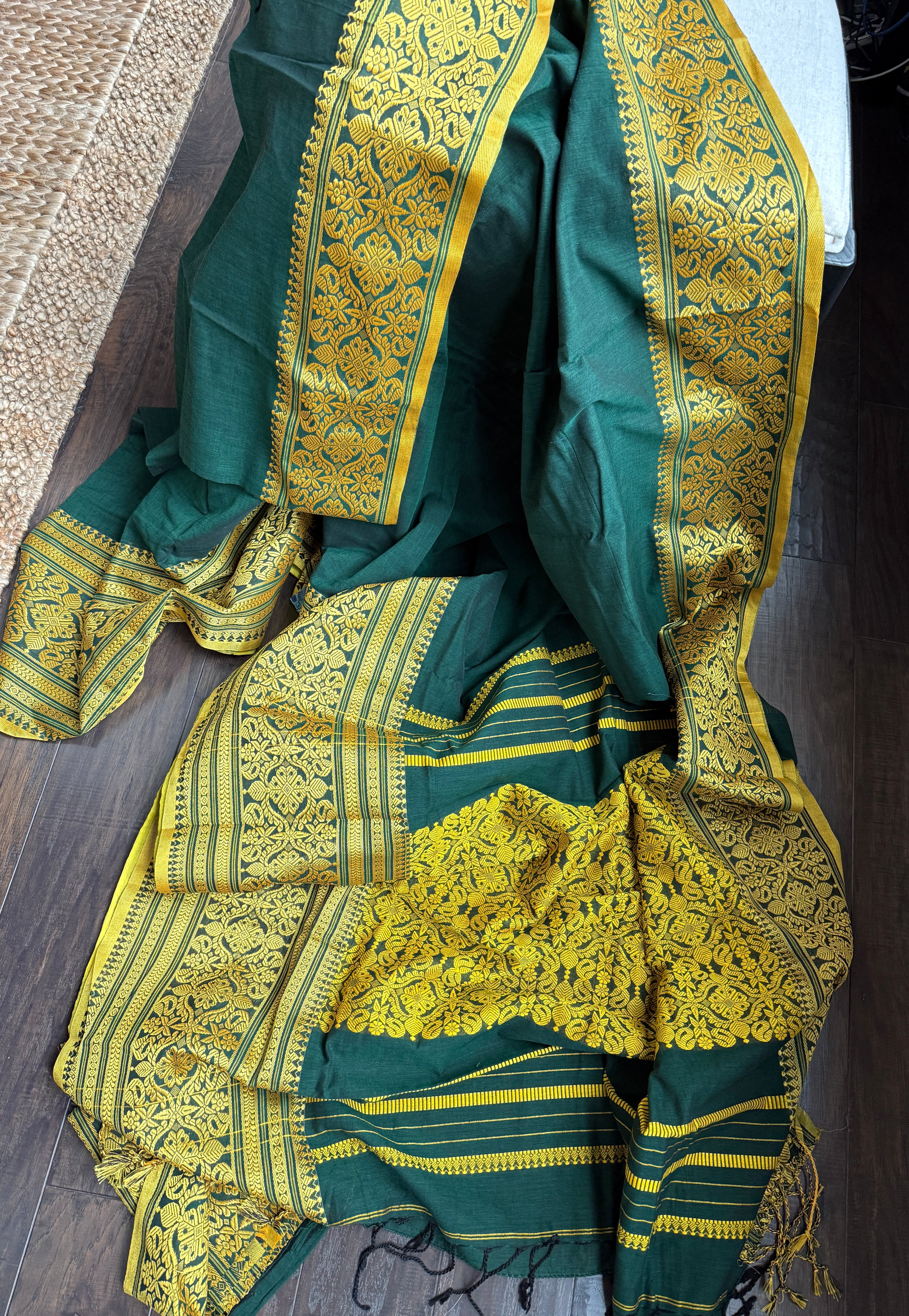 Pure Khadi Cotton Handloom - Dark Green Yellow