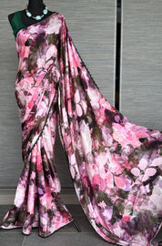 Designer Satin Maslin Silk - Green Pink Shaded Flower