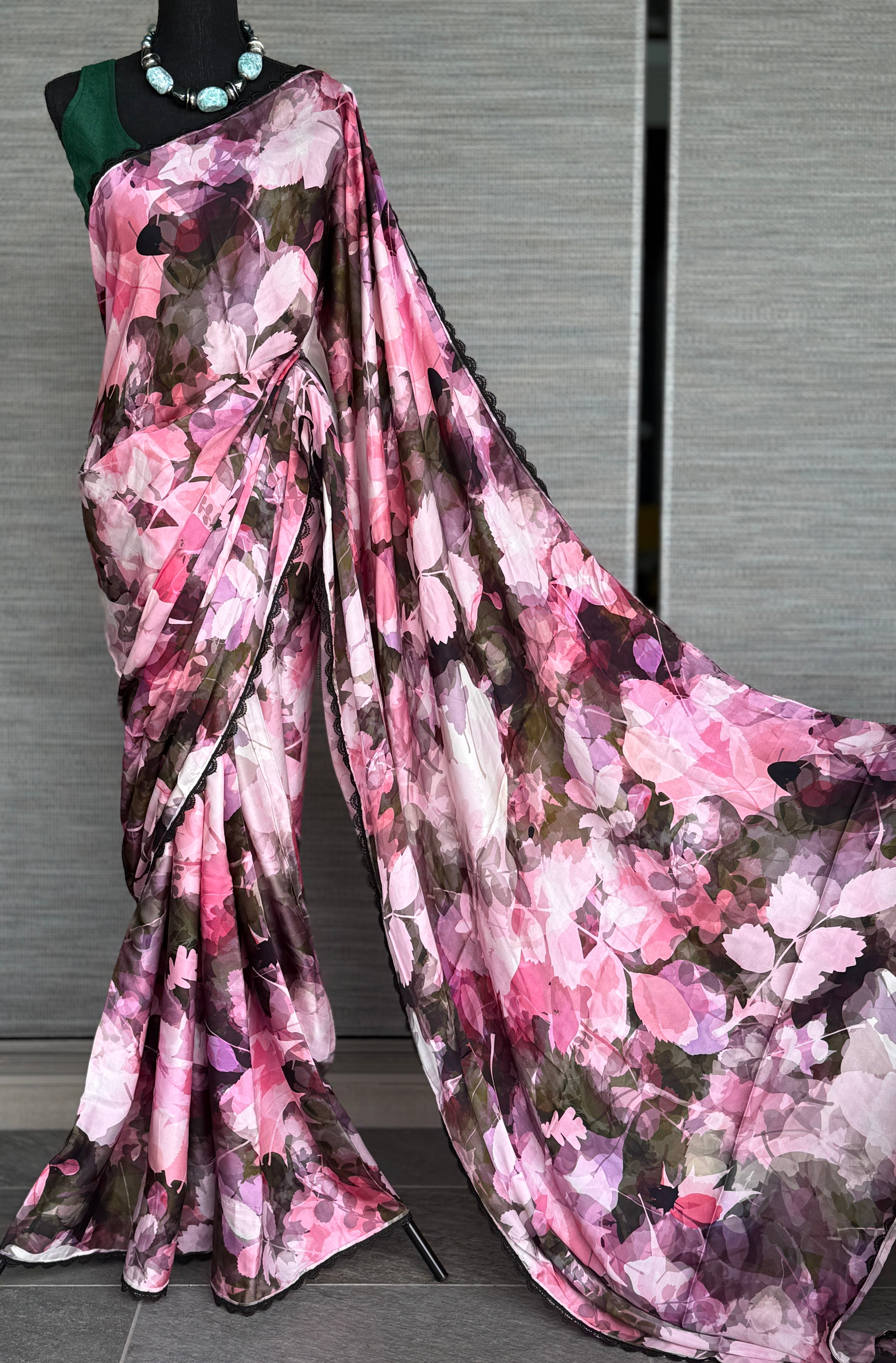 Designer Satin Maslin Silk - Green Pink Shaded Flower