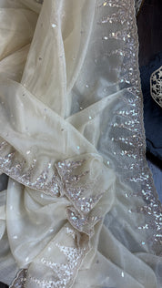 Designer Crushed Chiffon - Light Butter Yellow Sequin Hand Work