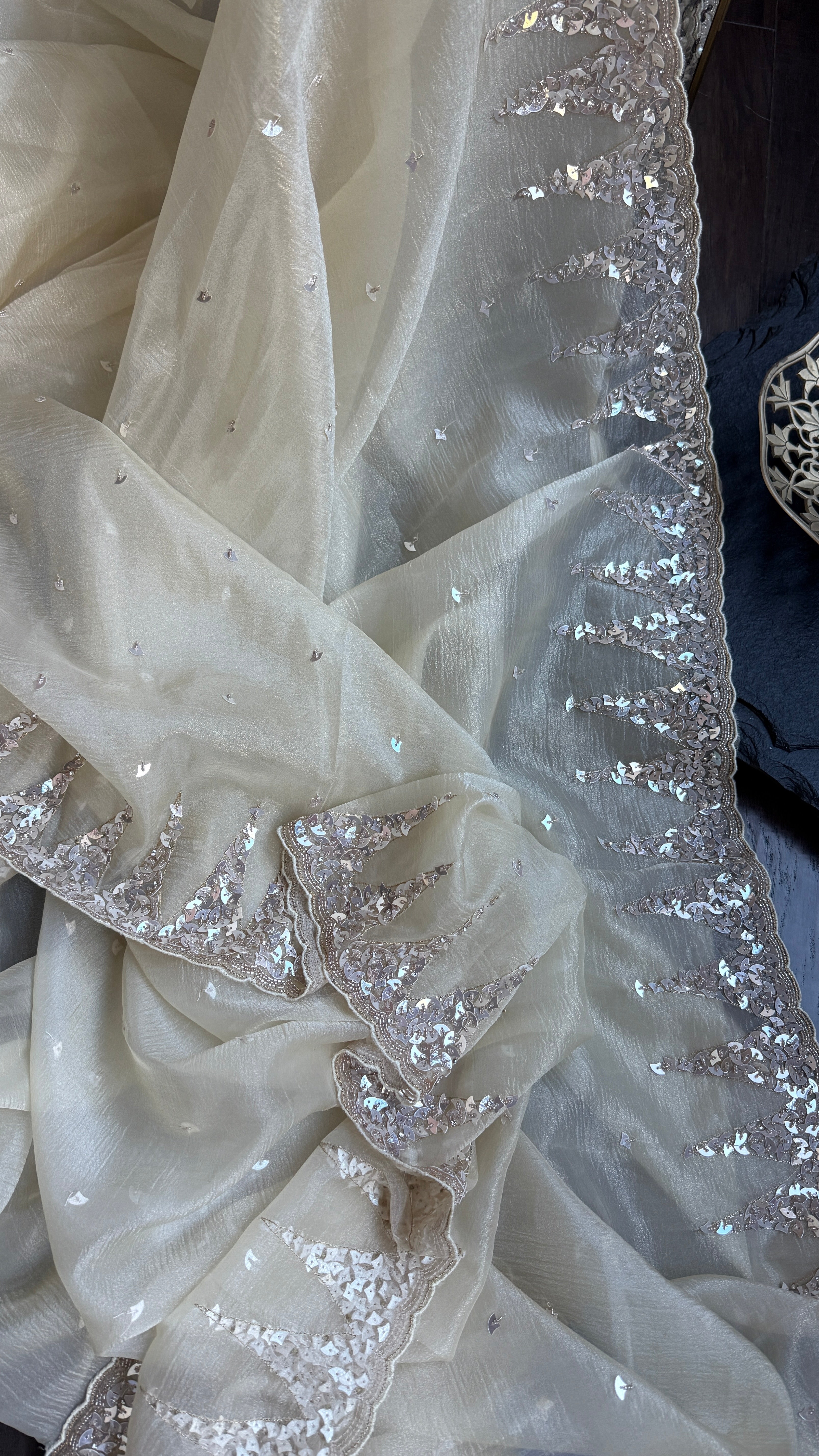 Designer Crushed Chiffon - Light Butter Yellow Sequin Hand Work