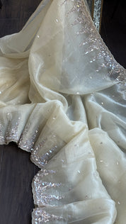 Designer Crushed Chiffon - Light Butter Yellow Sequin Hand Work