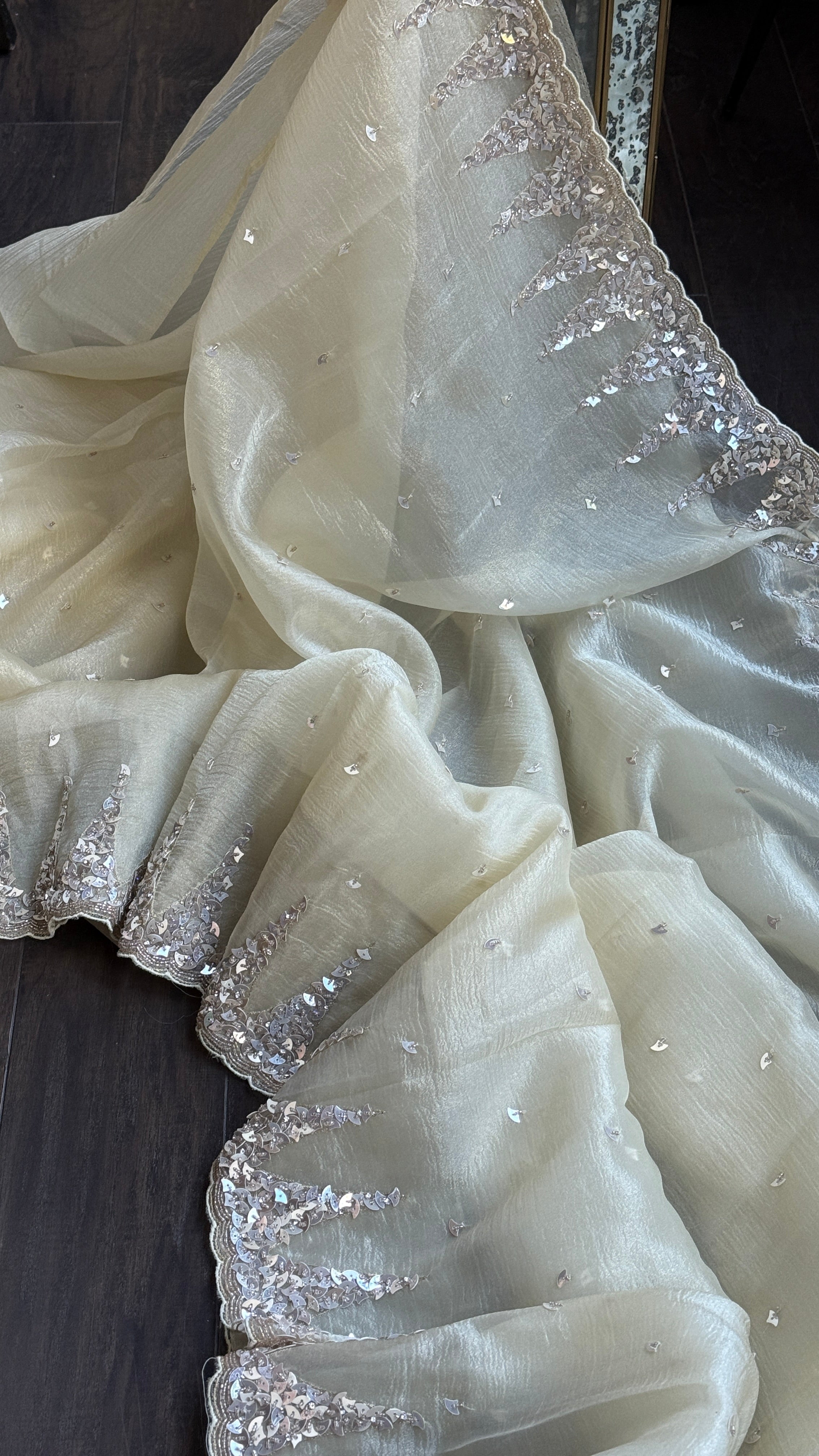 Designer Crushed Chiffon - Light Butter Yellow Sequin Hand Work