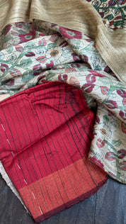 Pure Gicha Tussar Silk Printed - Beige Red Green Kalamkari
