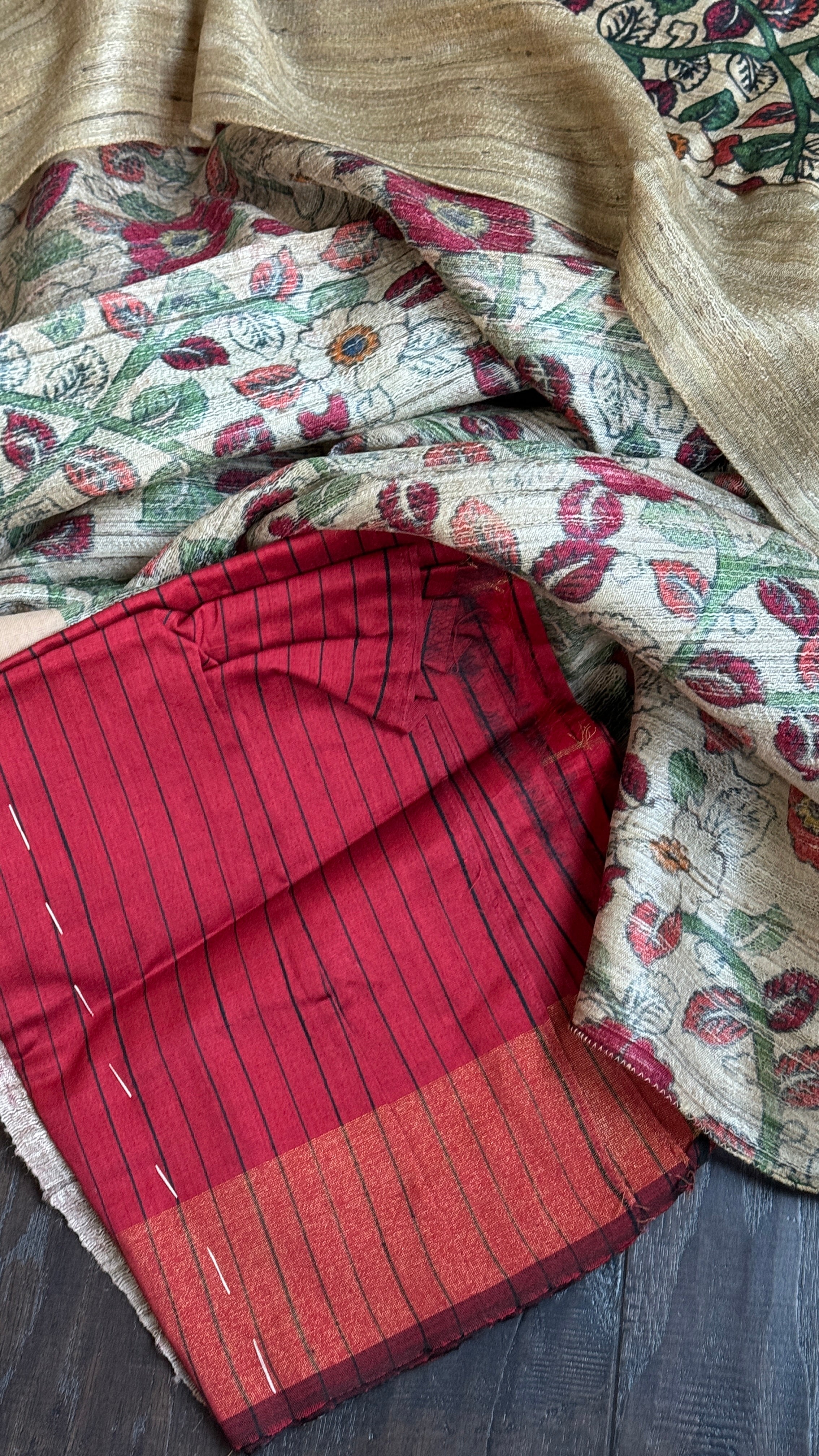 Pure Gicha Tussar Silk Printed - Beige Red Green Kalamkari