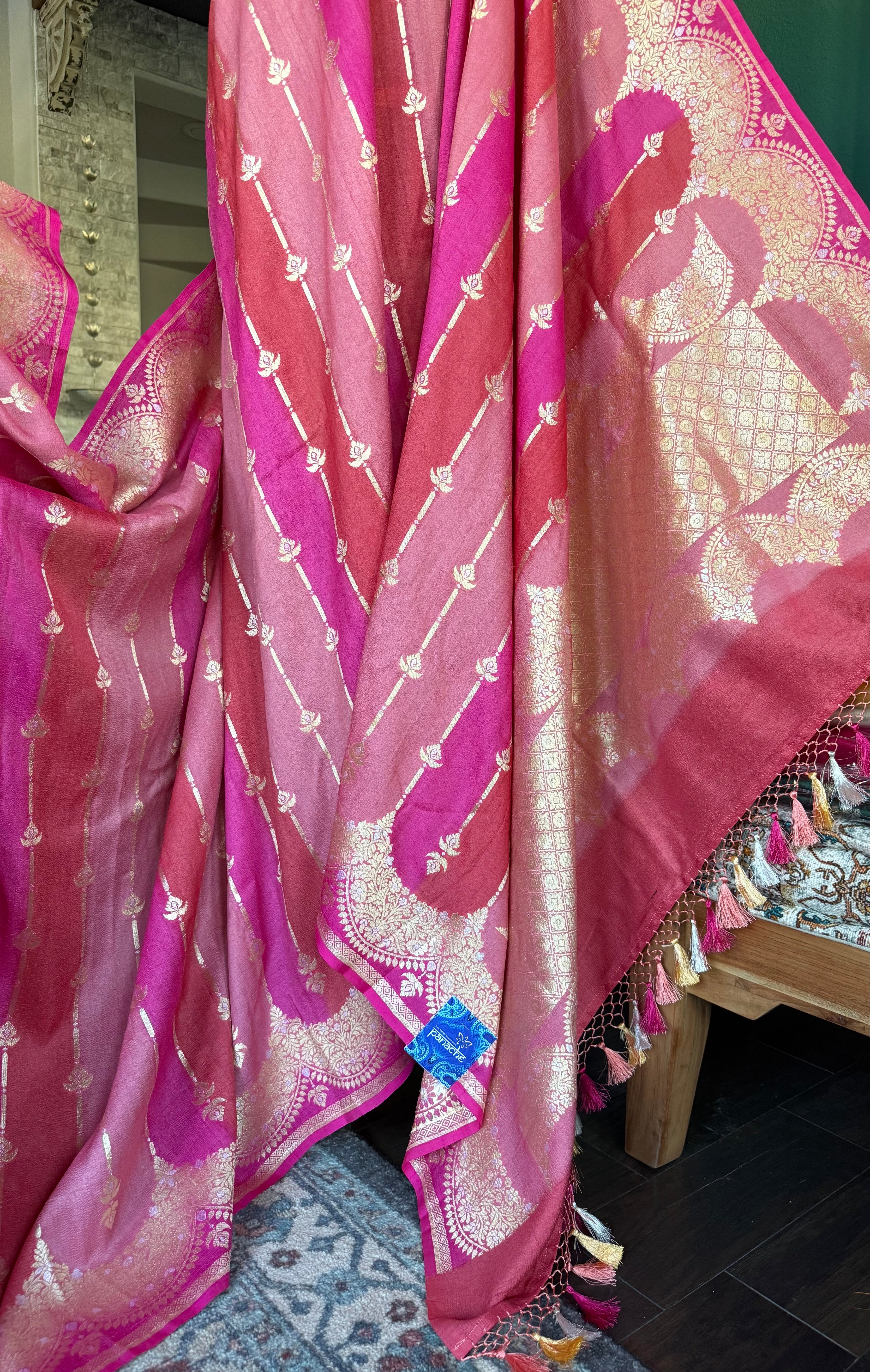Khaddi Tussar Banarasi -  Pink Peach Rangkat