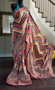 Satin Maslin Silk Printed - Beige Multi color Chevron
