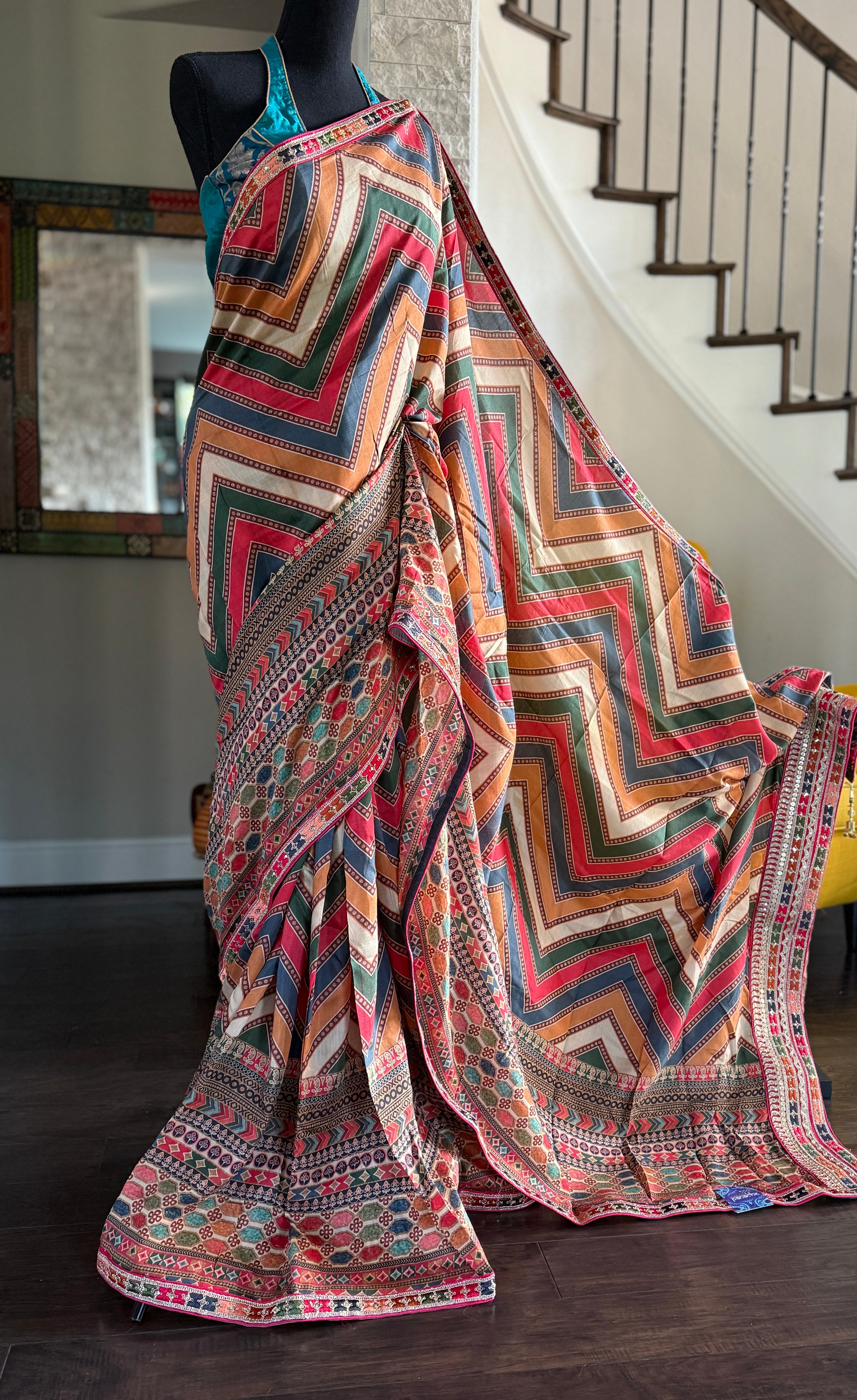 Satin Maslin Silk Printed - Beige Multi color Chevron