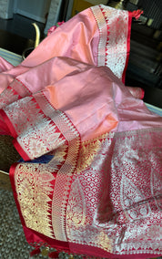 Pure Silk Katan Banarasi- Peach Red Kadhua