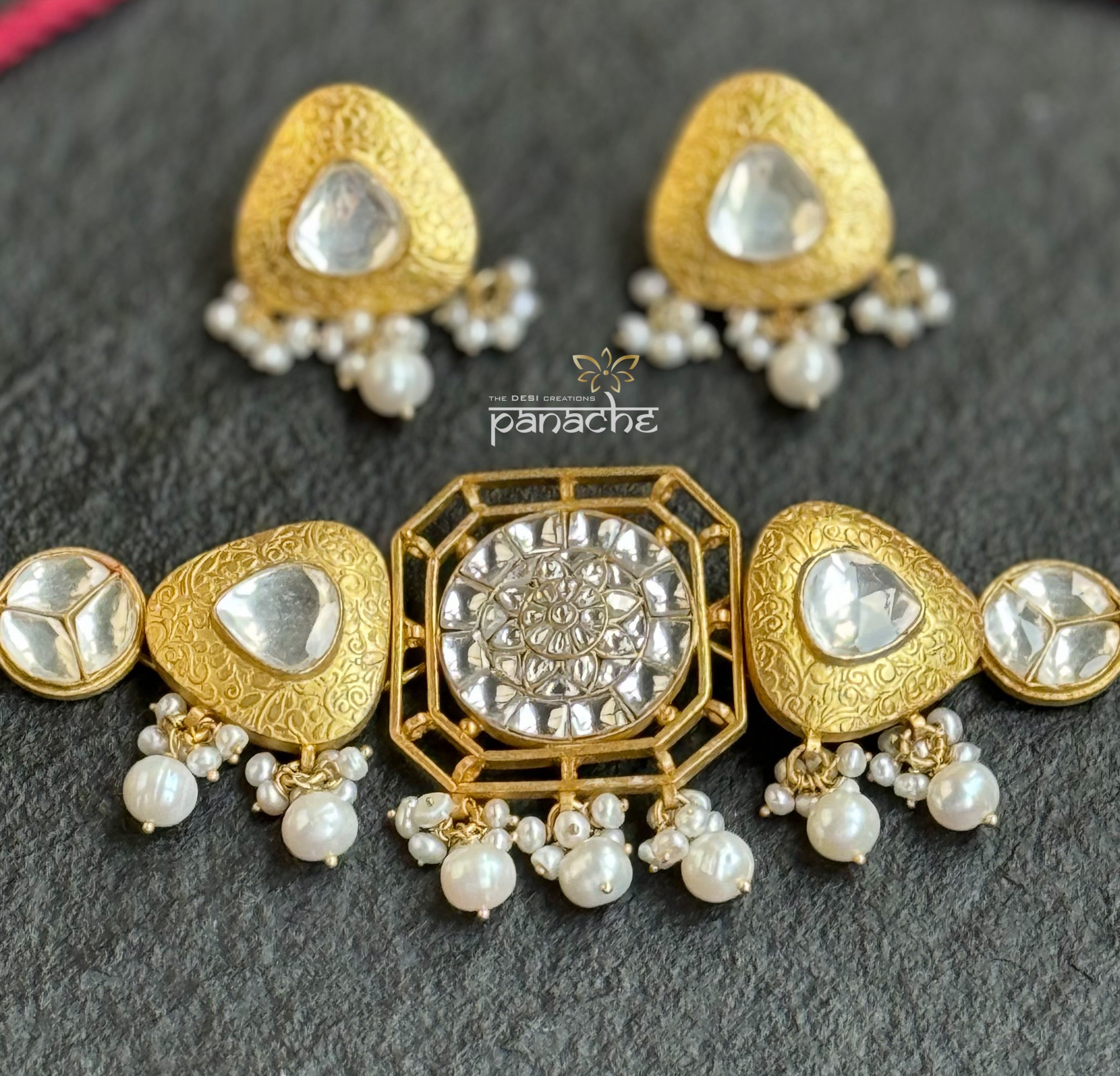 Silver 925 Choker Set - Gold Kundan Stone