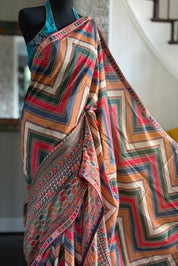 Satin Maslin Silk Printed - Beige Multi color Chevron