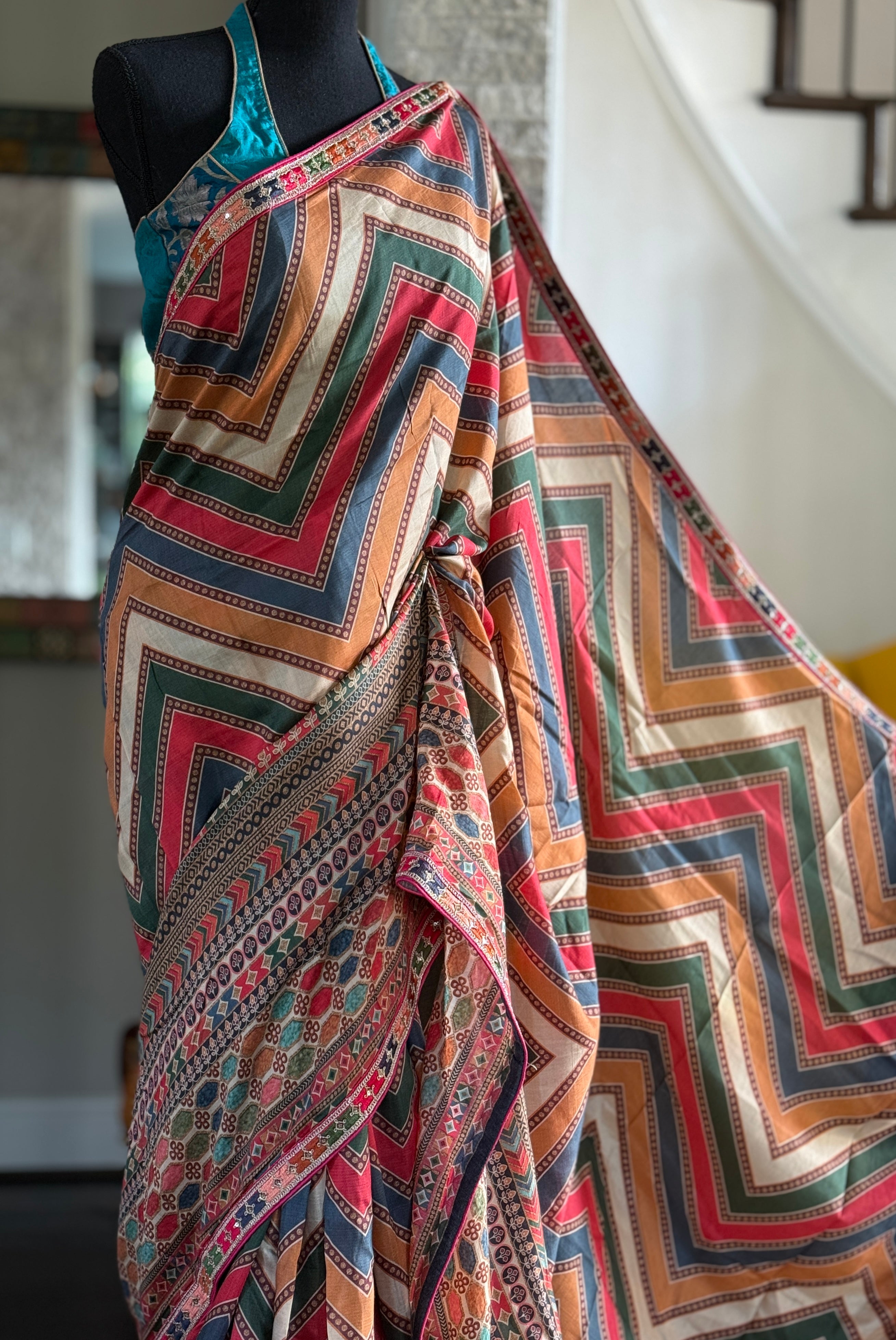 Satin Maslin Silk Printed - Beige Multi color Chevron