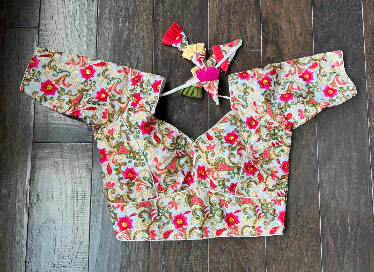 Designer Blouse - White Pink Green