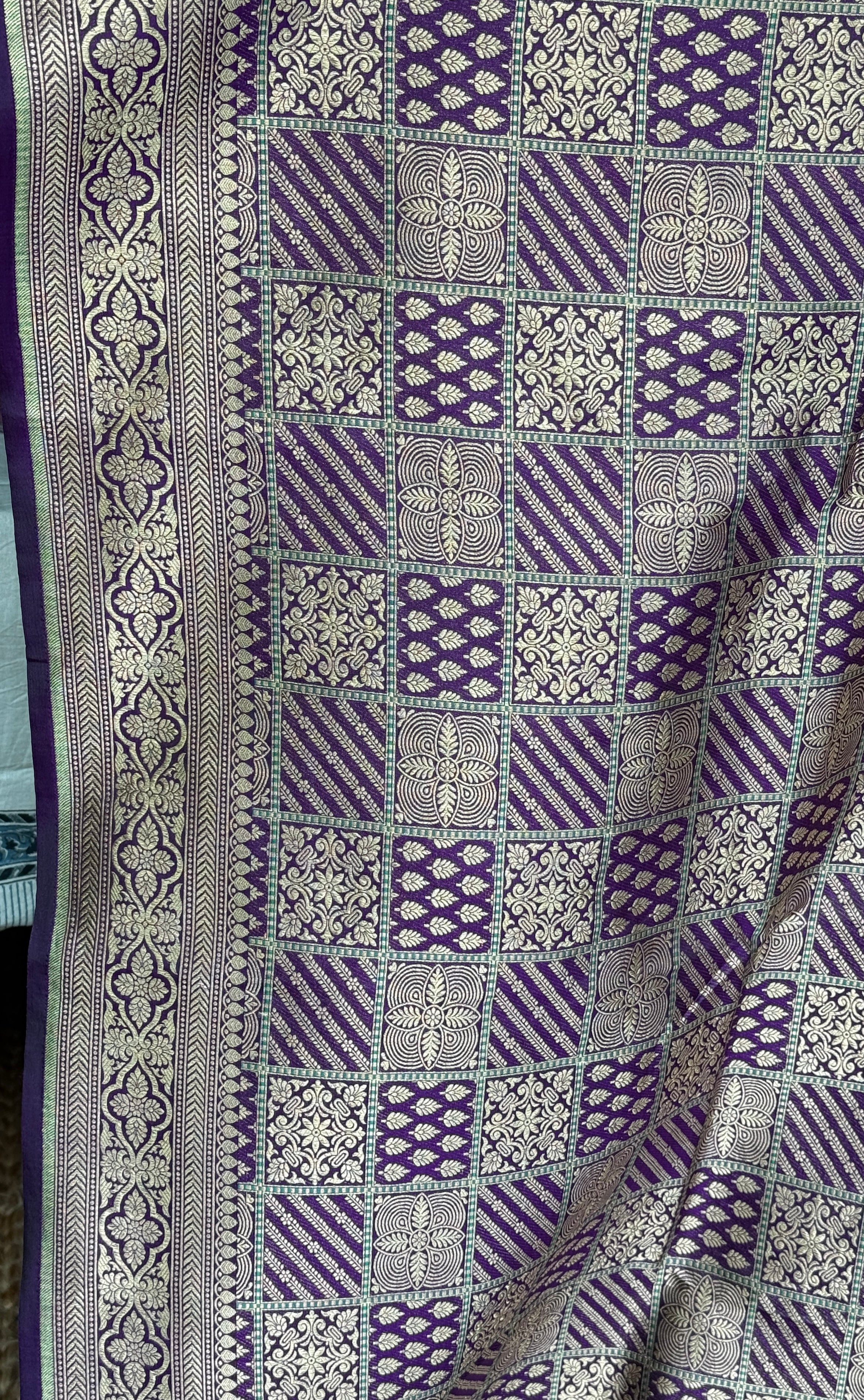 Pure Silk Katan Banarasi- Purple Antique Gold Zari