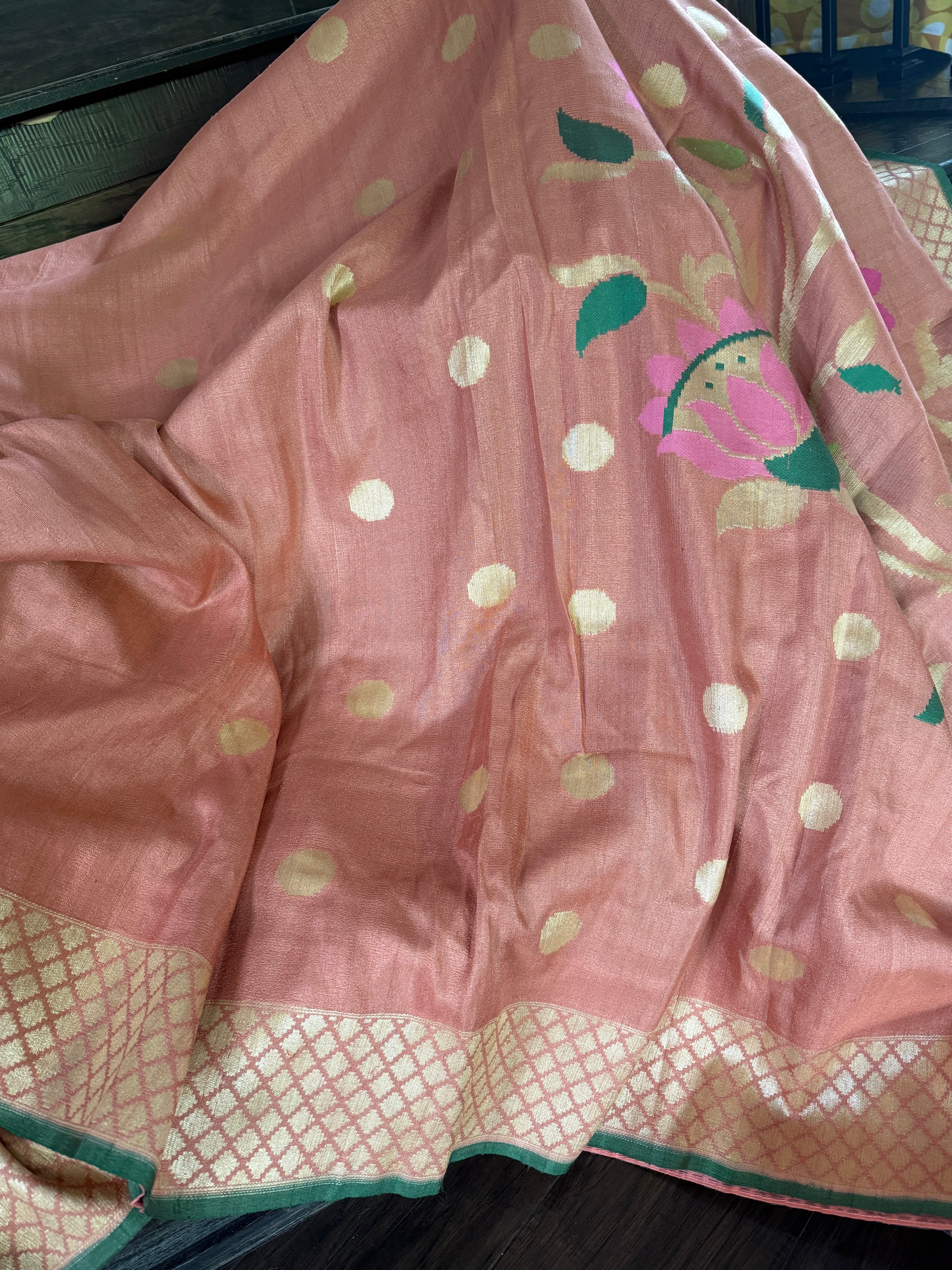 Khaddi Tussar Banarasi -  Gajri Pink Green Paithani