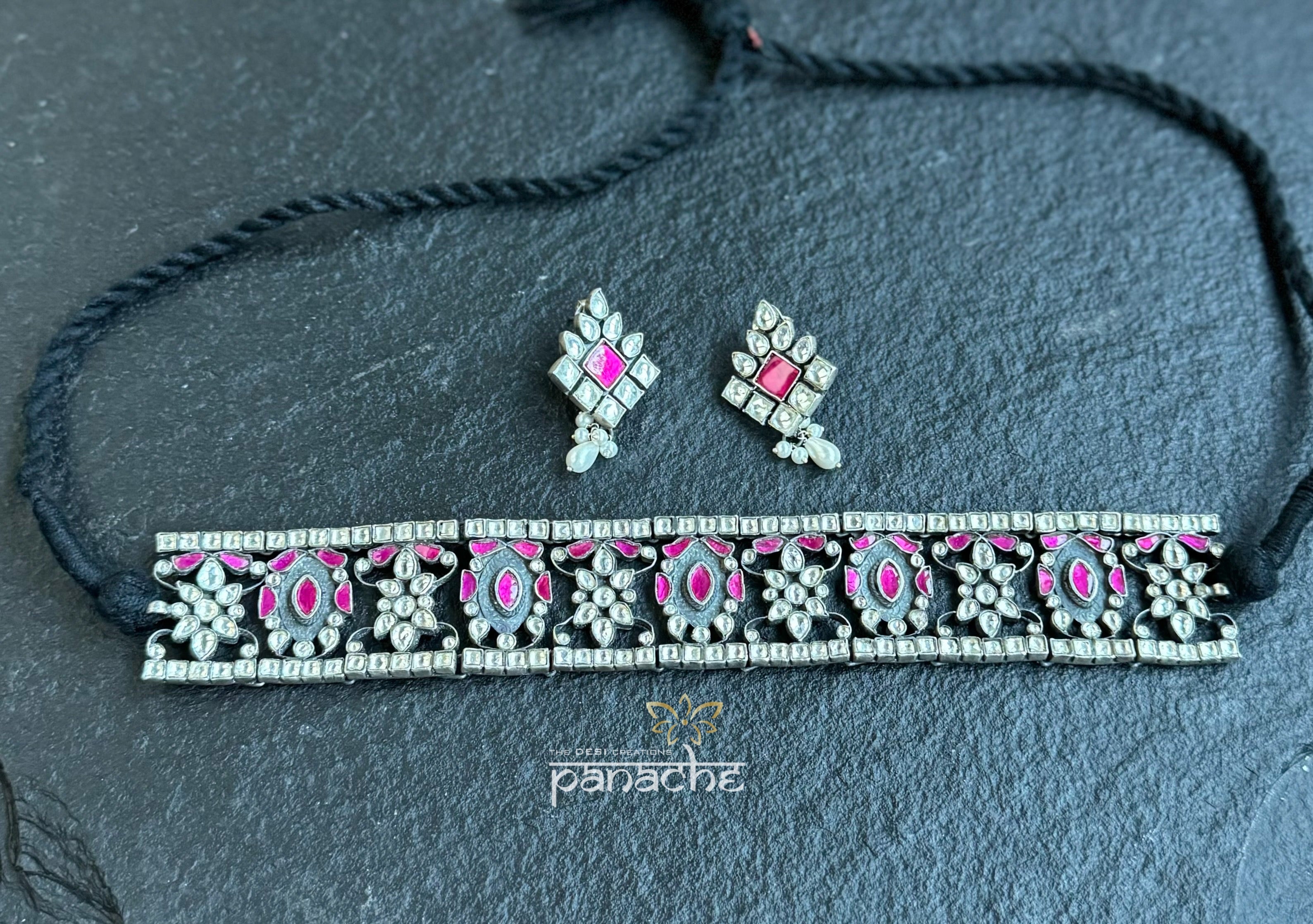 Silver 925 Choker Set - Silver Pink Kundan Stone