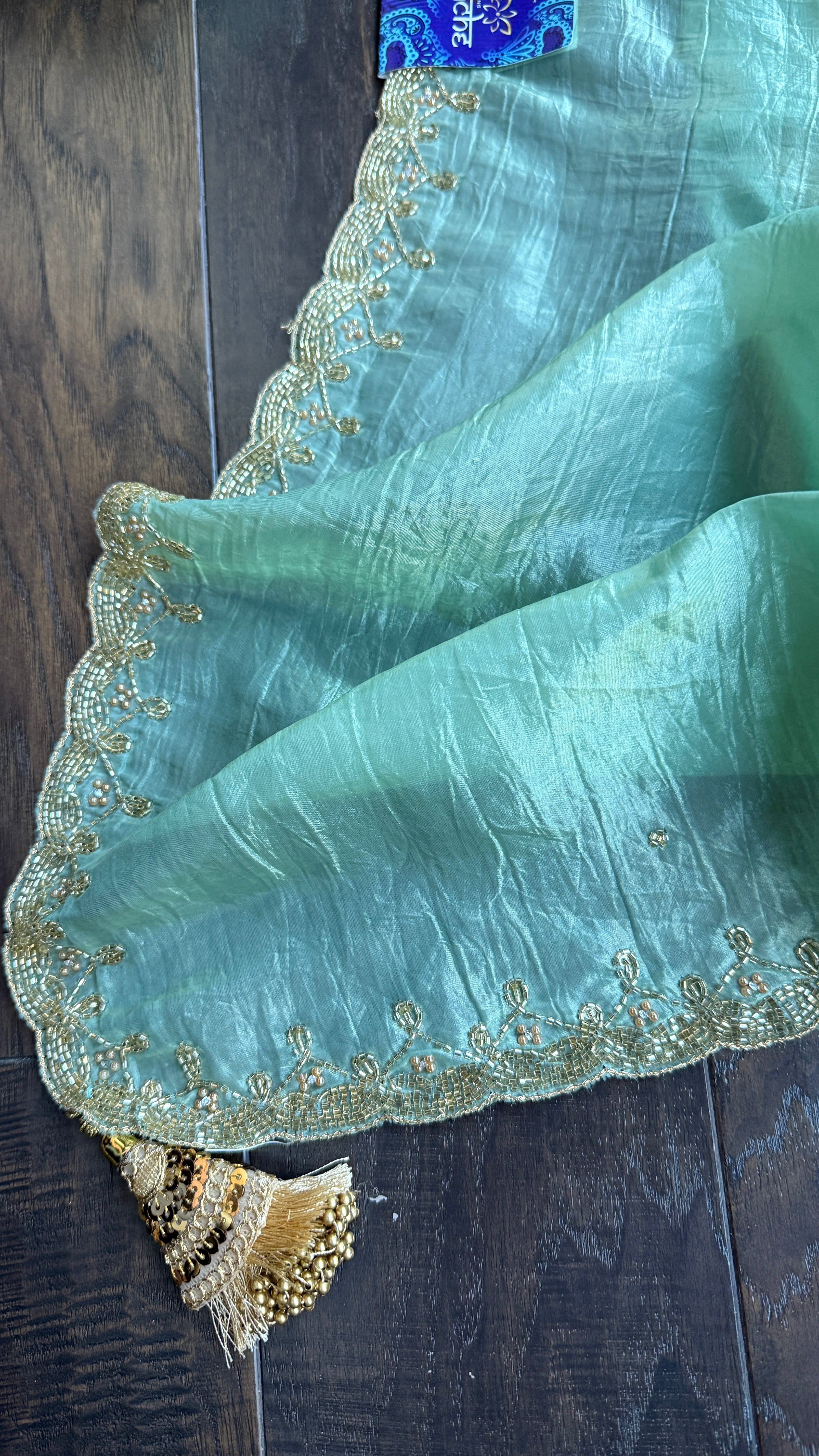 Designer Crushed Tissue Silk - Sea Gree Embroidered