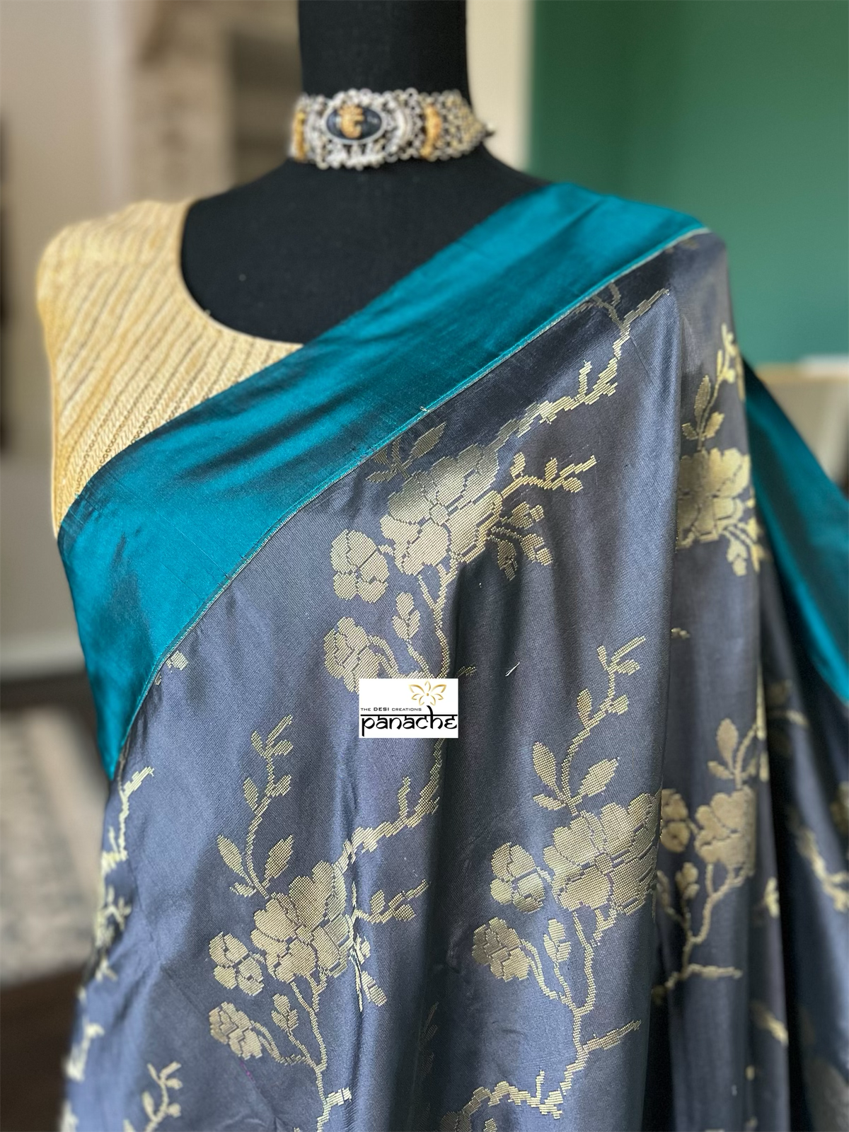 Pure Silk Katan Banarasi - Grey Teal Blue