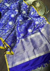 Pure Silk Katan Tissue Jaal Banarasi- Purple Blue Yellow