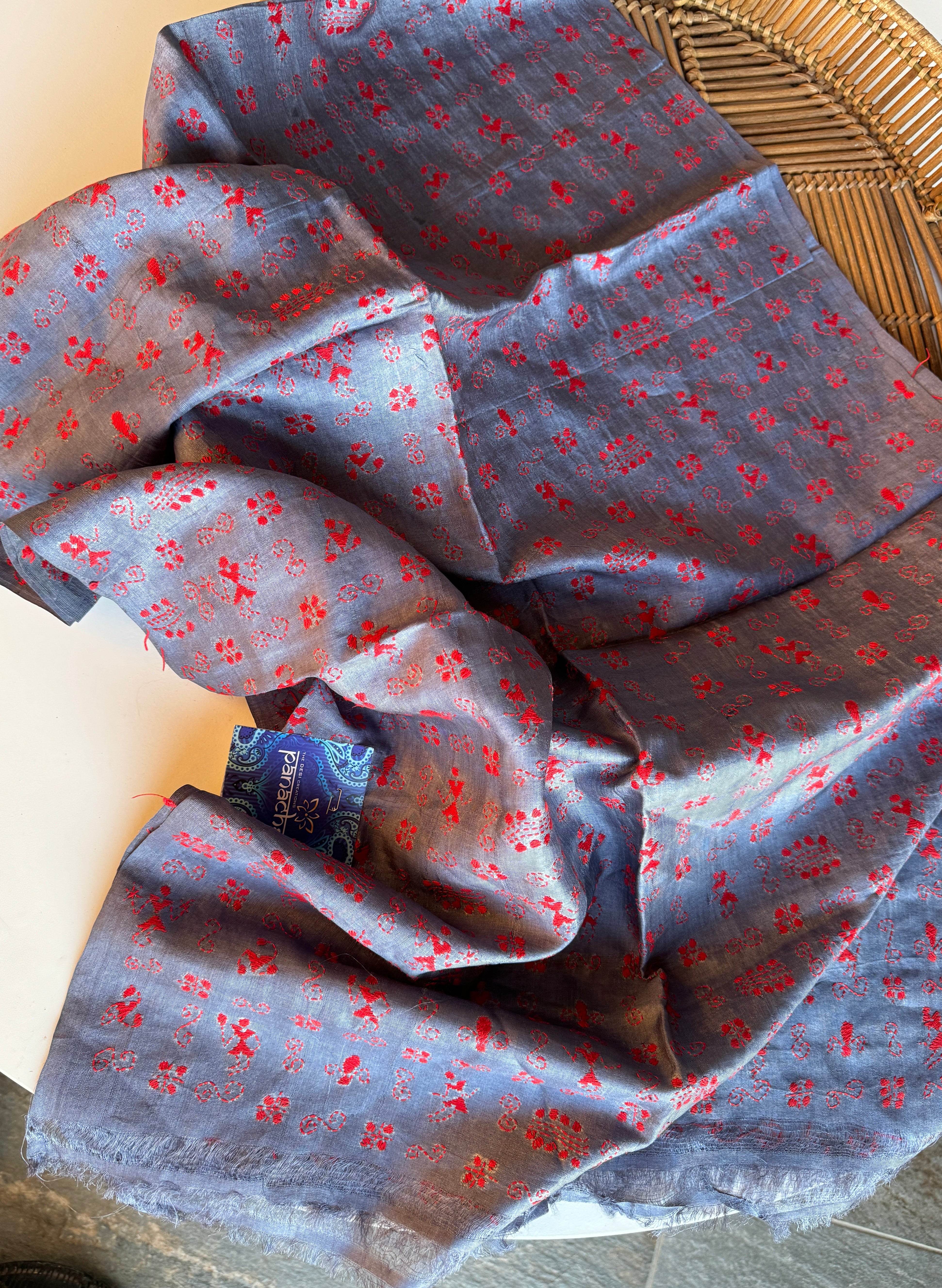 Pure Tussar Silk Stole - Grey Red Kantha Stitch