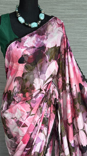 Designer Satin Maslin Silk - Green Pink Shaded Flower