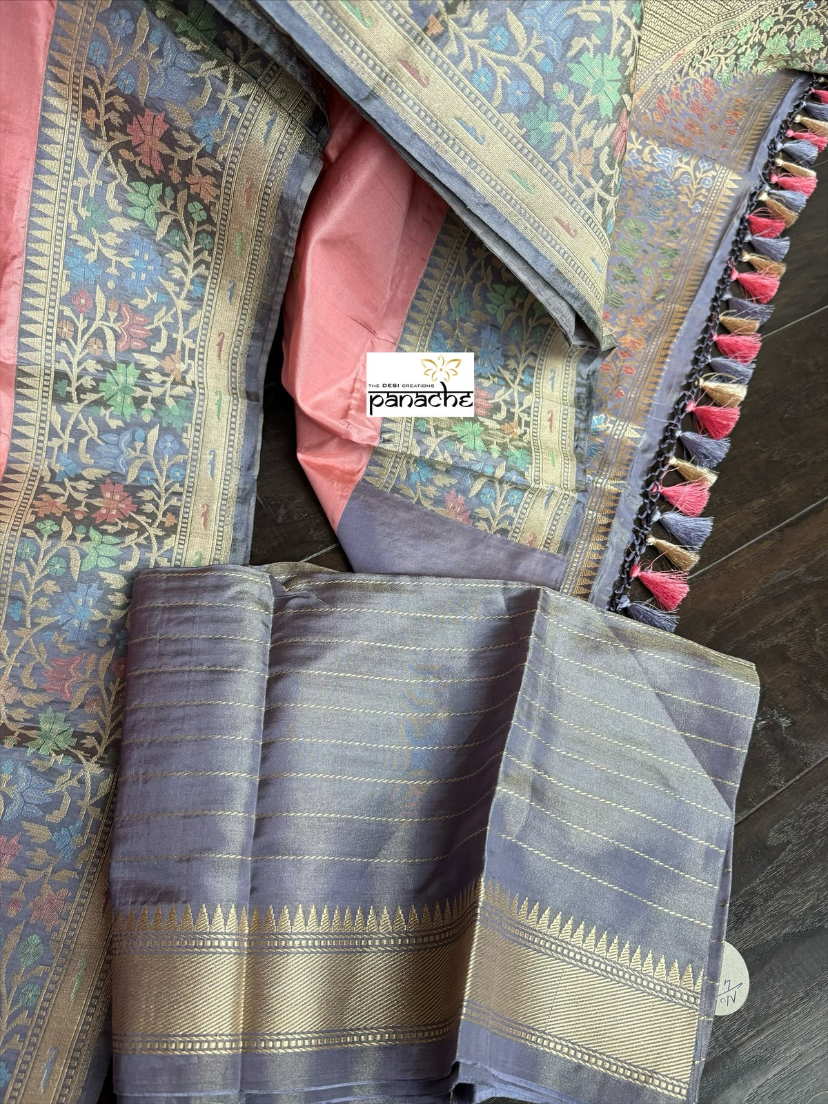 Pure Silk Paithani Banarasi- Pink Grey Tilfi