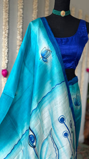 Hand Painted Tussar Silk - Firozi Blue Ganesha