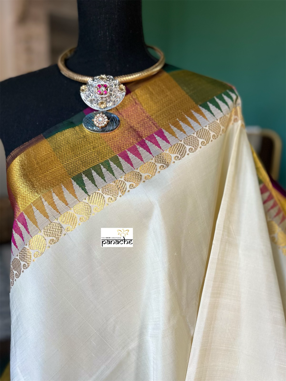 Silk Kanjivaram - Cream Purple Rangkat