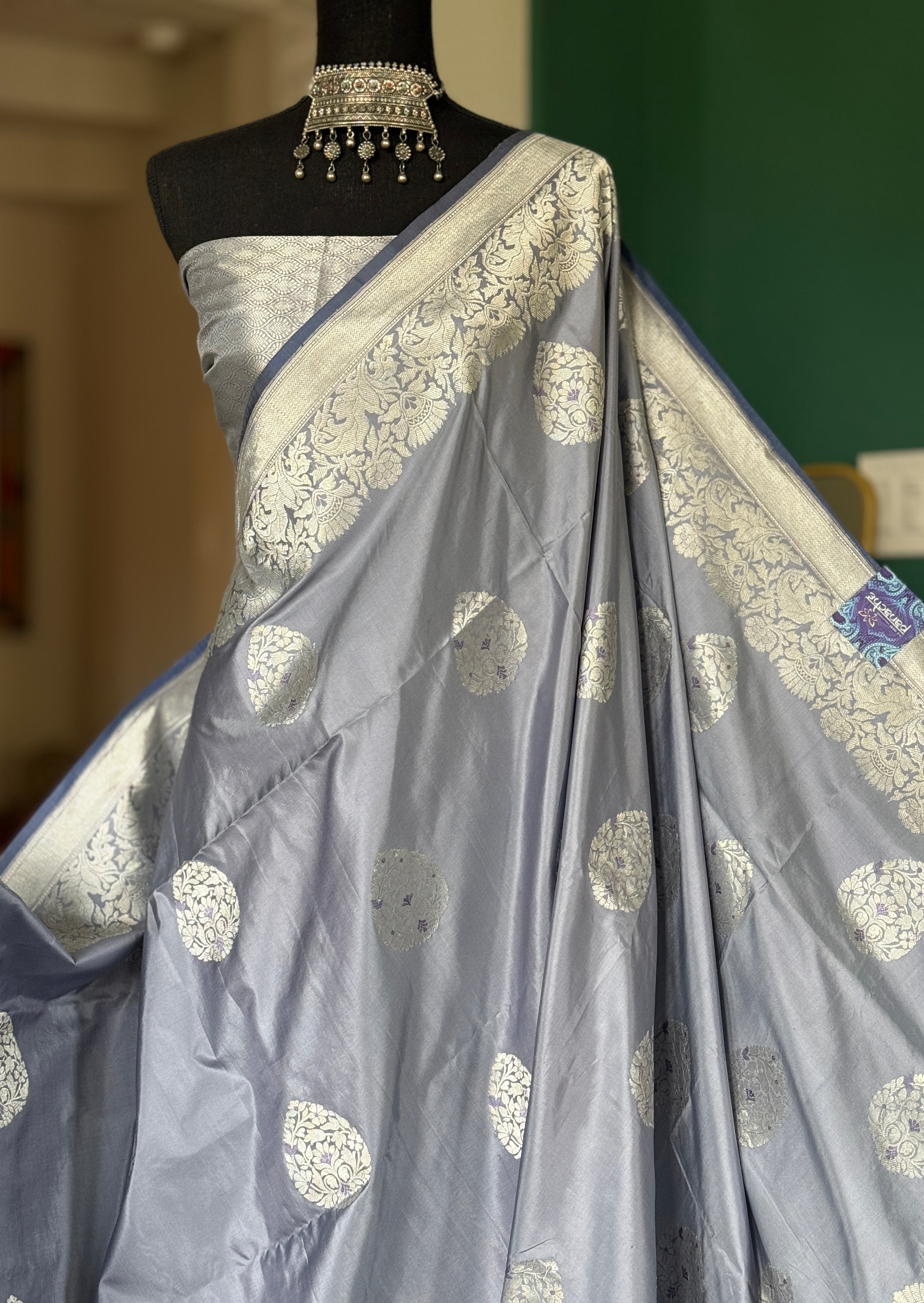 Pure Katan Silk Banarasi - Bluish Grey Meenakari Kadwa