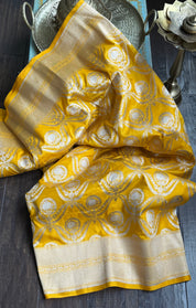 Pure Silk Katan Banarasi- Yellow Zari Woven
