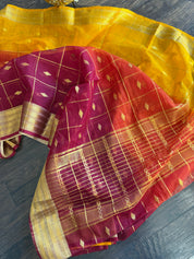 Soft Dupion Cotton Saree - Rust Yellow Maroon