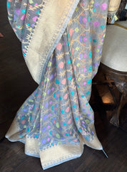 Pure Kora Silk Jamdaani Banarasi - Grey Golden Antique Zari