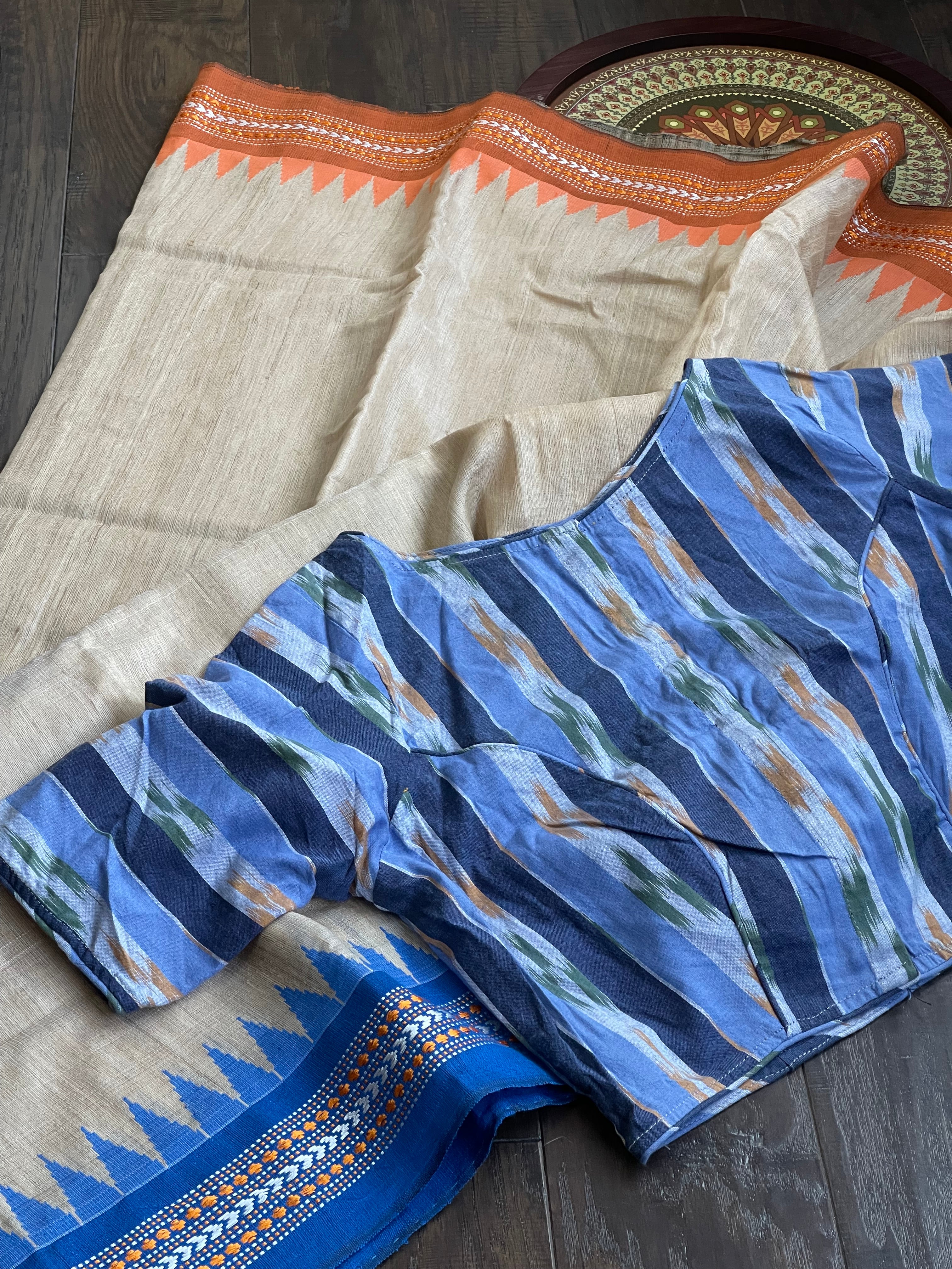 Designer Cotton Blouse - Light Dark Blue Ikat