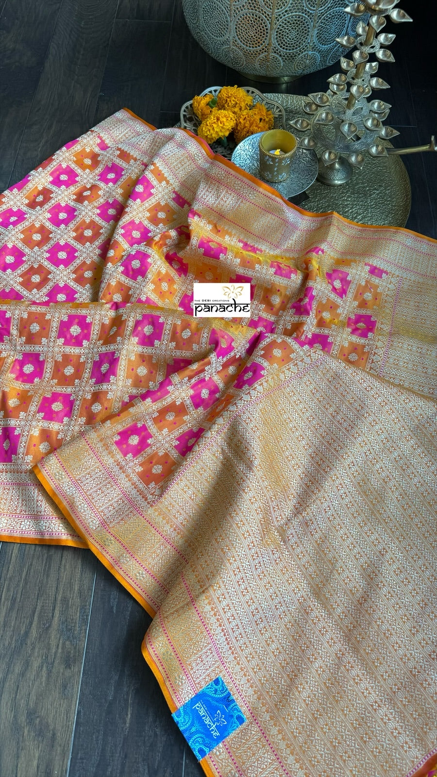 Soft Silk Banarasi - Mustard Yellow Pink Golden Zari