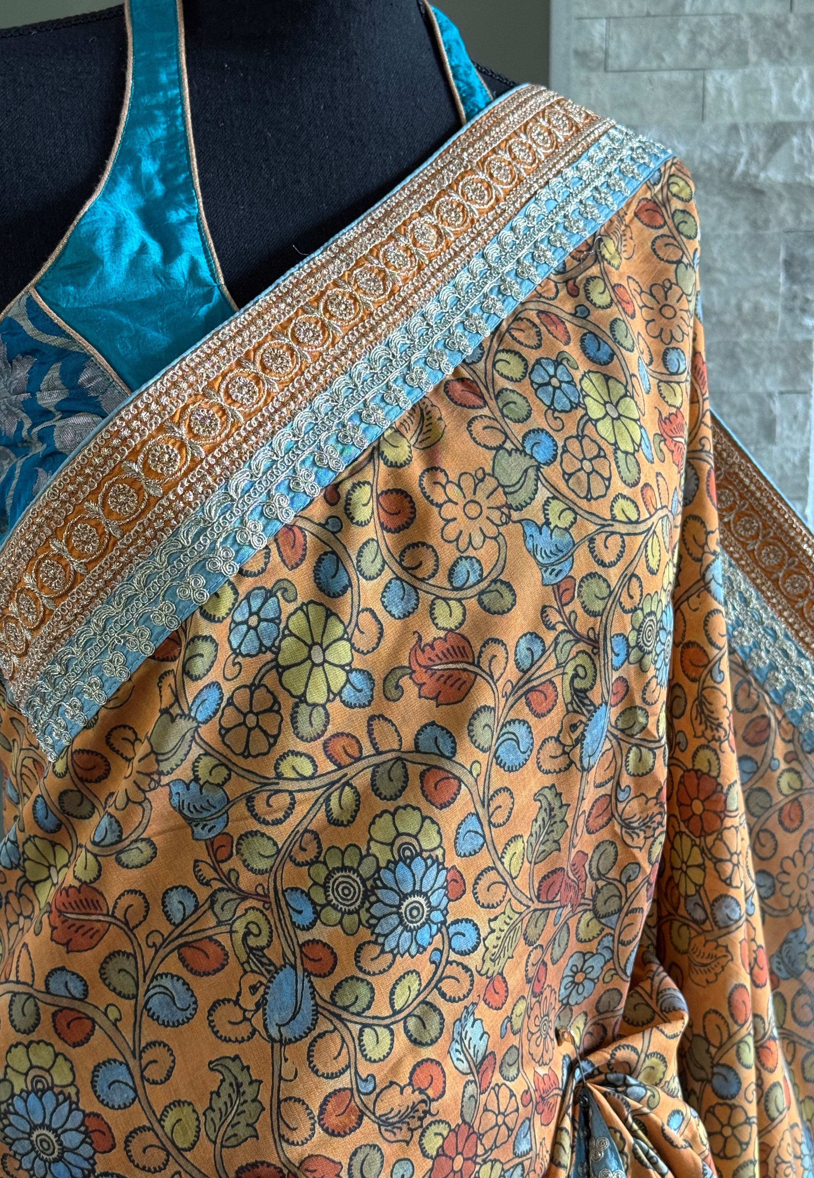 Designer Satin Maslin Kalamkari - Orange Blue