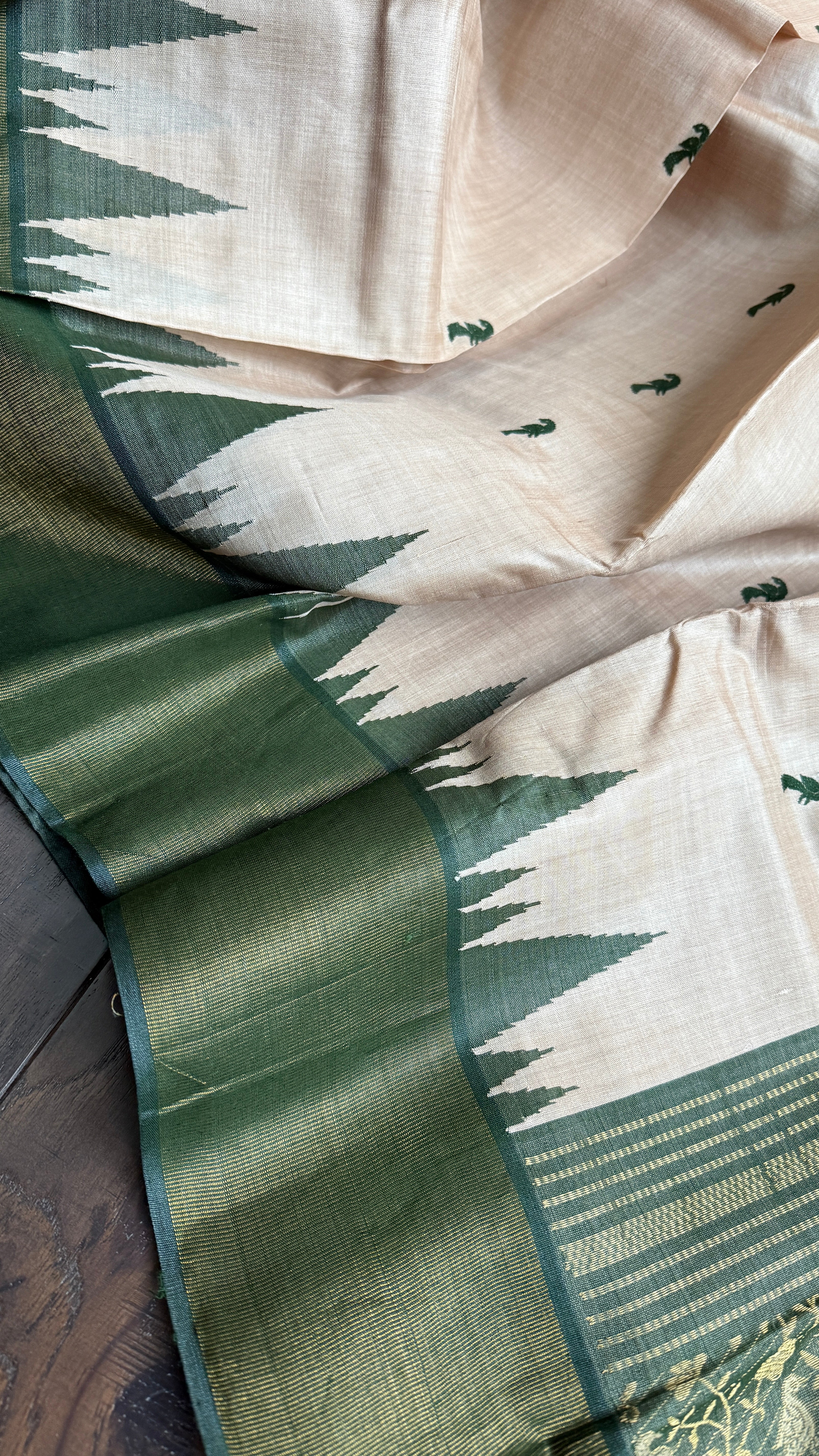 Pure Tussar Silk - Beige Dark Moss Green