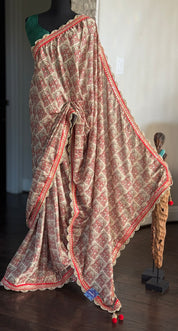 Designer Soft Silk - Beige Red Figurines Printed