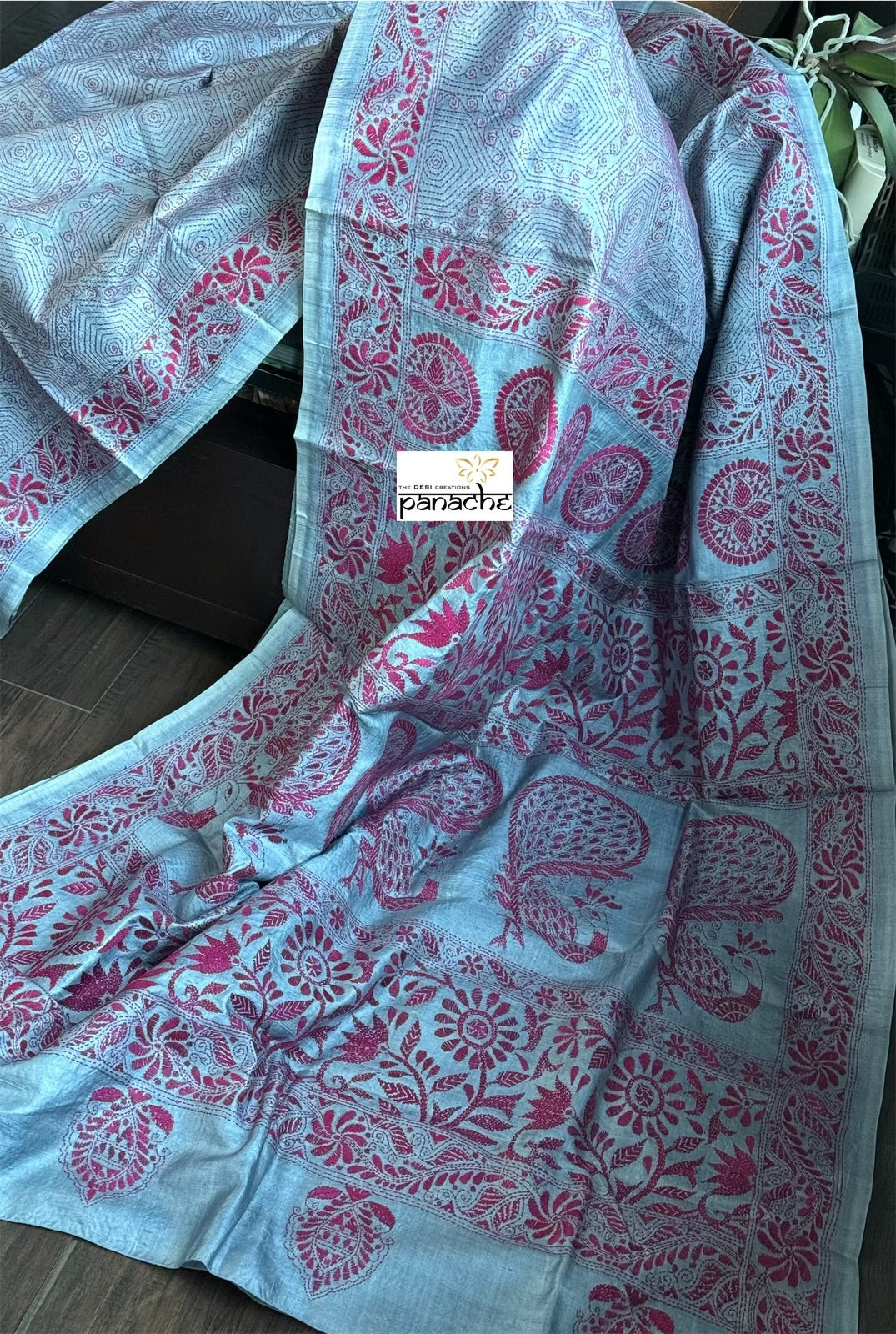 Pure Tussar Silk Kantha Stitch - Grey
